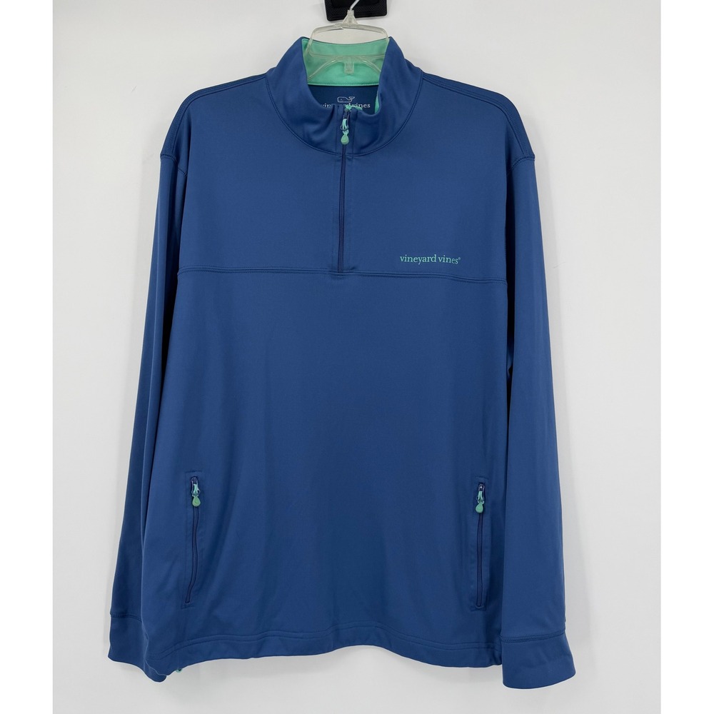Vineyard Vines Mens Large Blue 1/4 Zip Performance Pullover Whale Logo Pockets